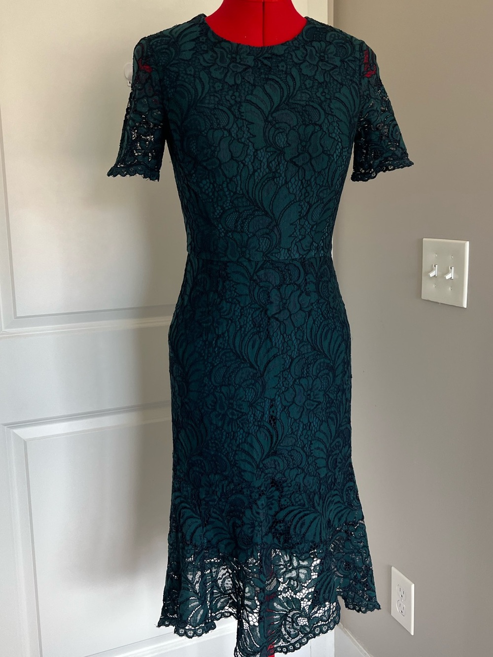 Dark Teal Lace Midi Dress with Short Sleeves